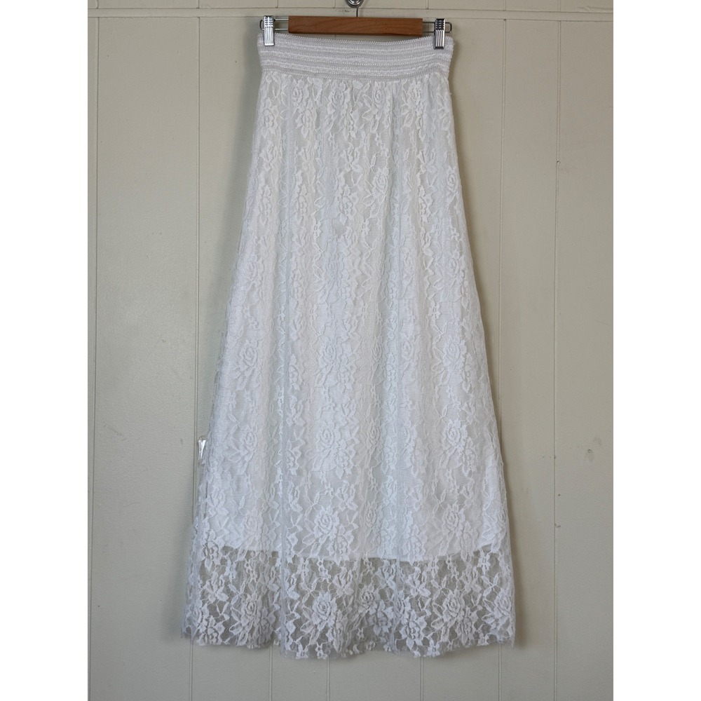 Womens White Floral Lace Maxi Skirt Elastic Waist Boho Size M Shabby Chic Fairy